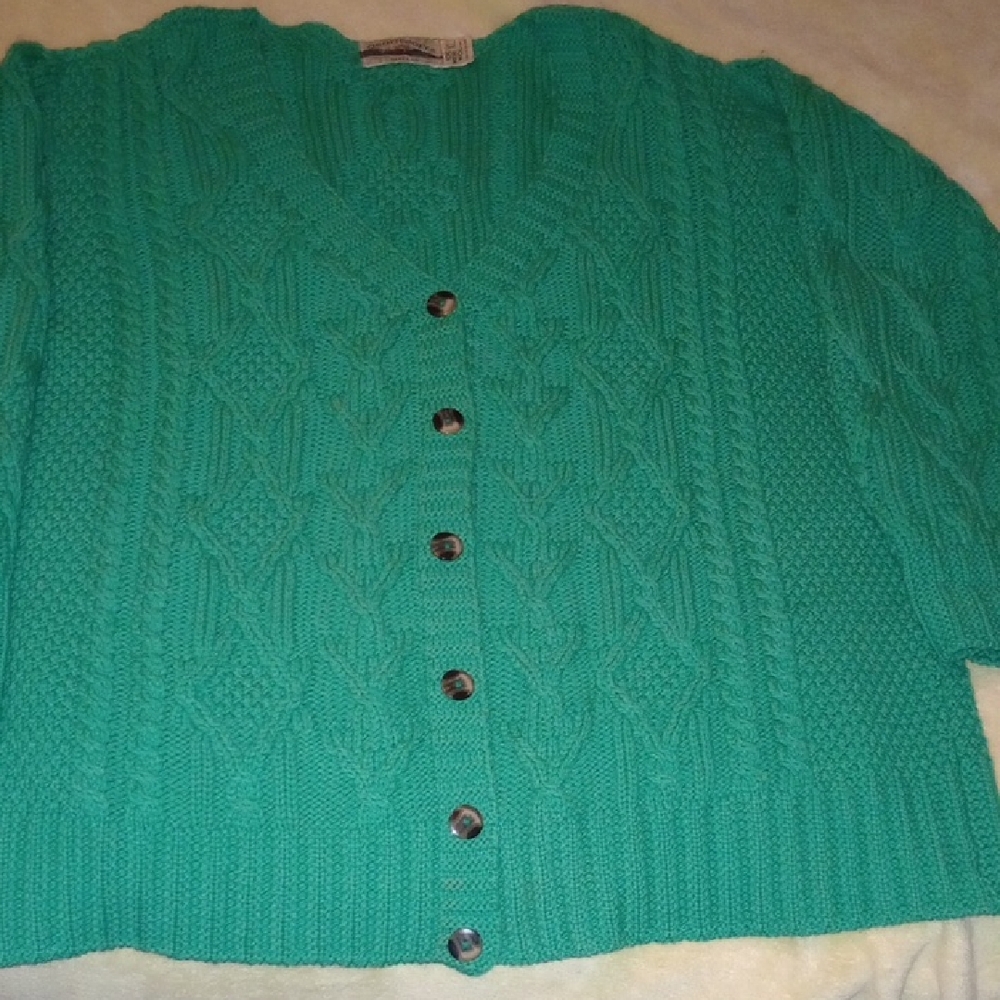 Aran Crafts green Irish Cable Knit Cardigan merino wool